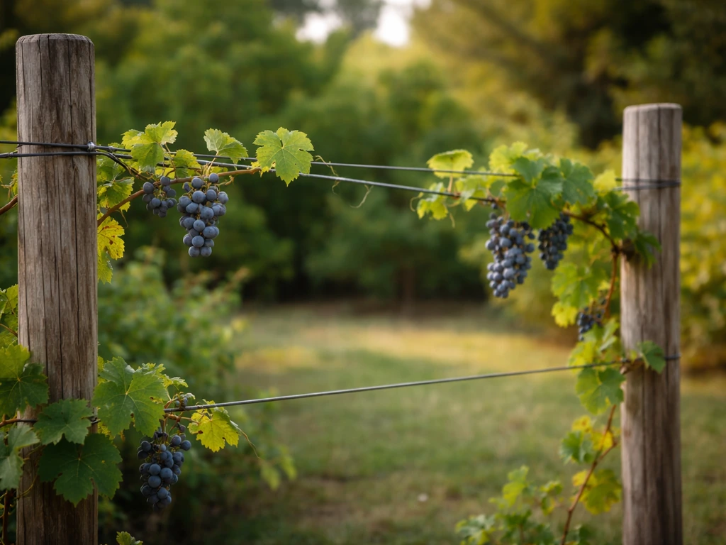 Close-up of a simple two-wire grape trellis with posts and cordon wires in a quiet outdoor garden