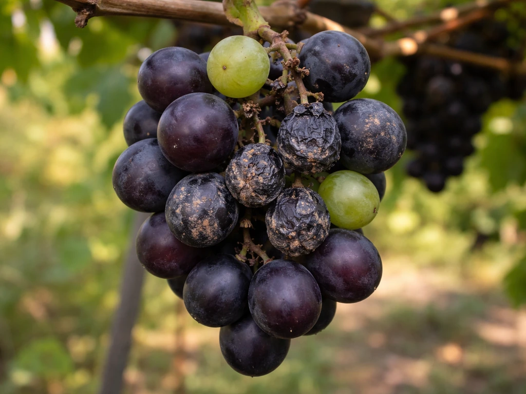Close-up of a muscadine grape bunch showing black rot with blackened, shriveled berries.