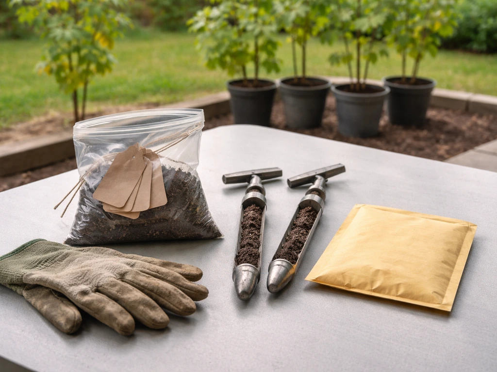 Minimal home vineyard soil testing setup with soil sample bag, tools, gloves, and submission envelope on a table.