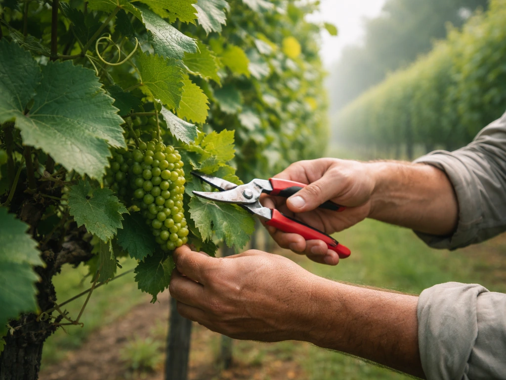 Close-up of hands pruning a grapevine canopy, removing leaves around clusters for airflow.