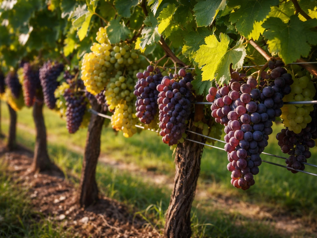 Close-up of an Illinois grapevine row with grape clusters, leaves, and trellis wires.