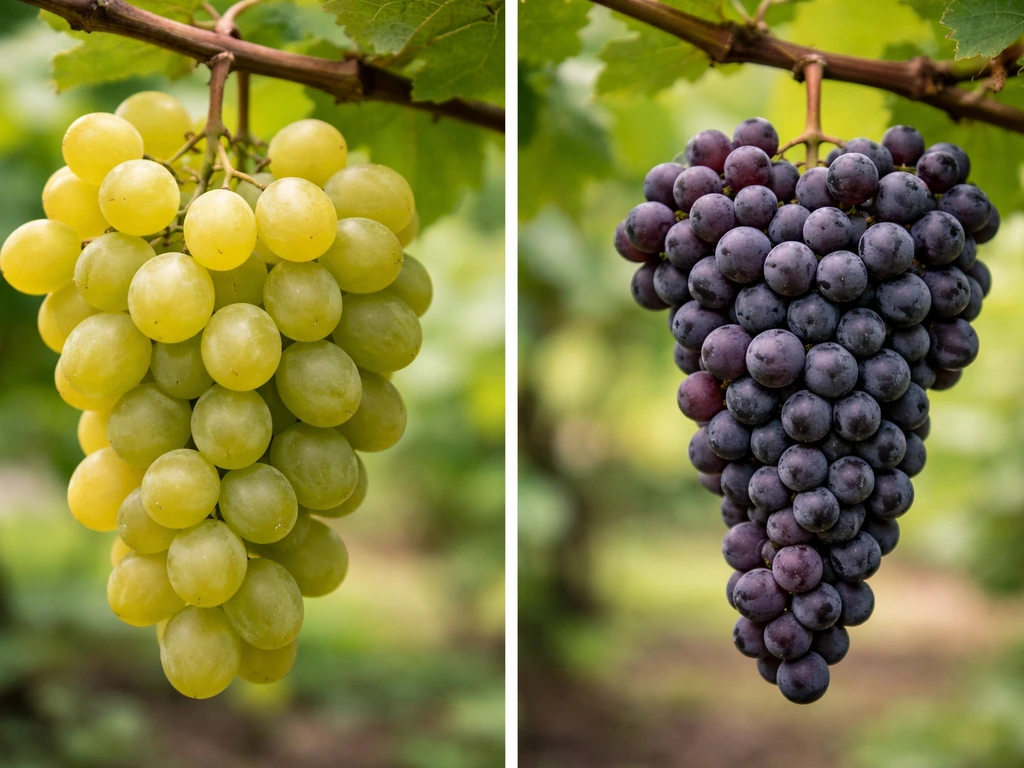 Close-up comparison of plump green table grapes vs tightly packed dark wine grapes on vine.