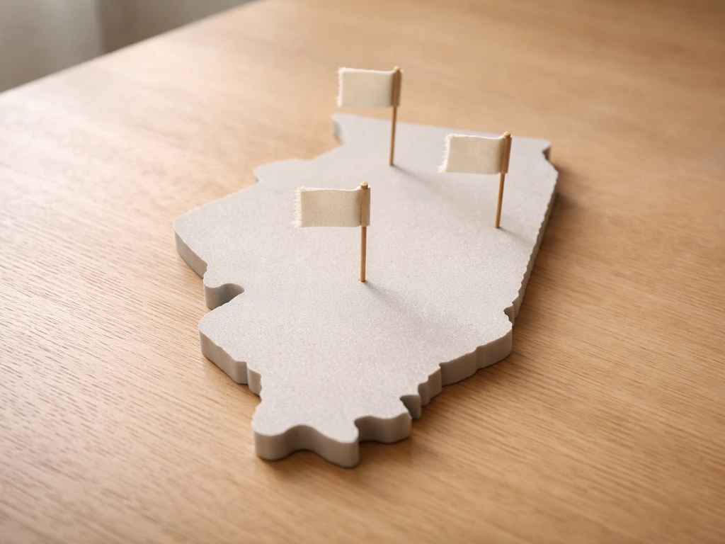 Minimal tabletop photo of an Illinois map cutout with three stakes marking northern, central, and southern areas
