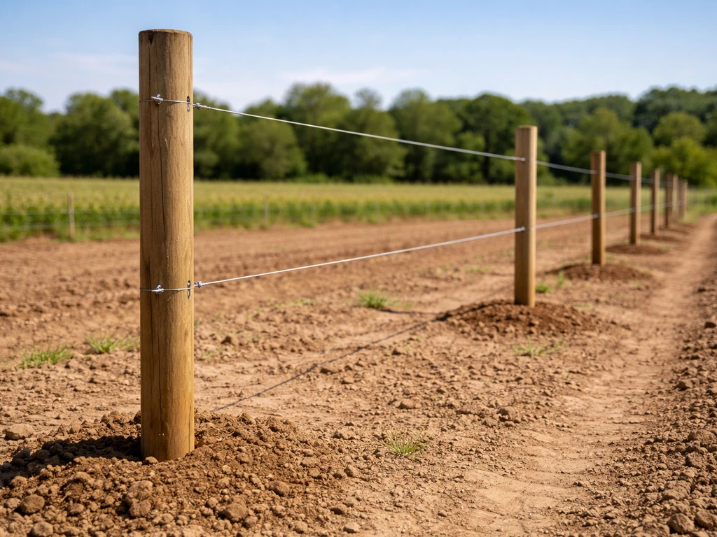 Two-wire grape trellis posts with wires installed, ready for planting in sunny vineyard soil.