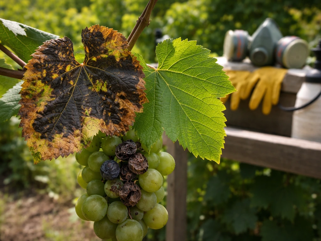 Half of a grape leaf shows black rot spots, beside a healthy leaf; blurred spray gear suggests prevention.