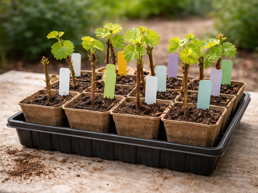 Tray of grapevine seedlings in pots with blank variety tags and different growth stages in natural light.