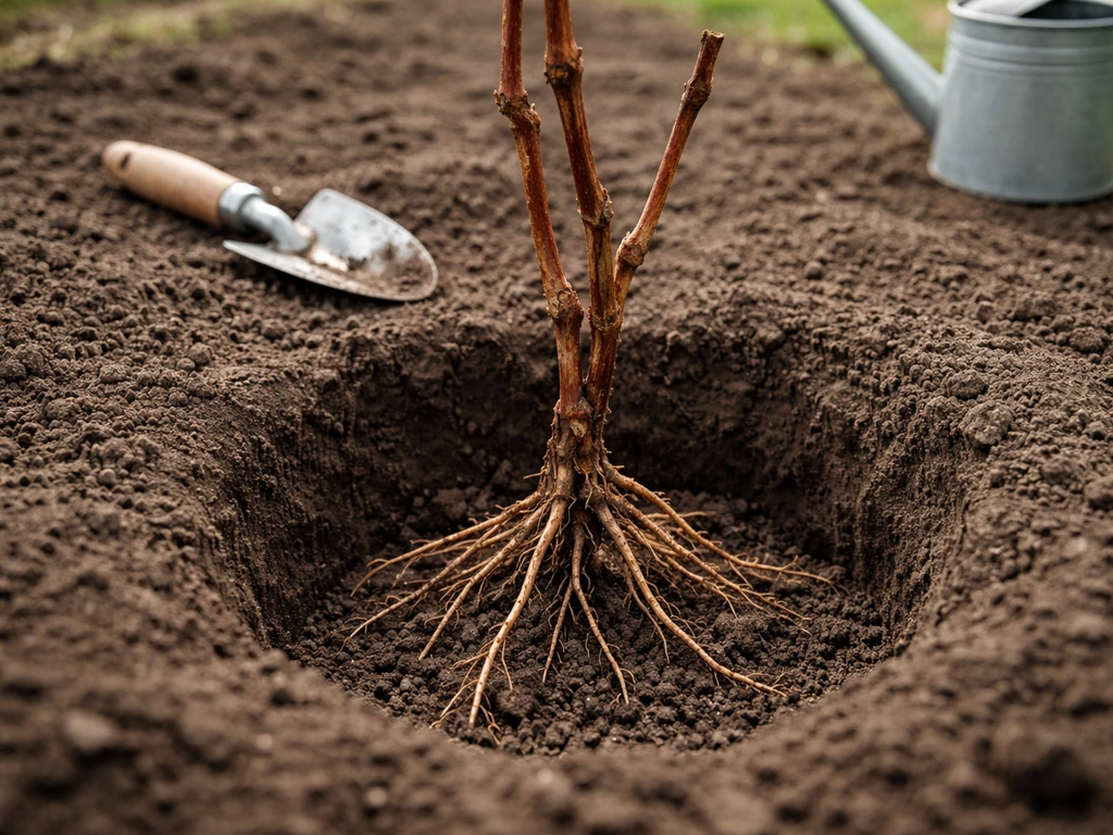 Bare-root grape vines placed into a planting hole with spring soil, tools nearby in a garden bed