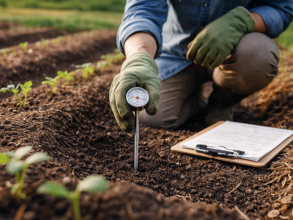 Gardener kneels by soil beds, thermometer inserted 4–6 inches, clipboard with frost-date notes nearby