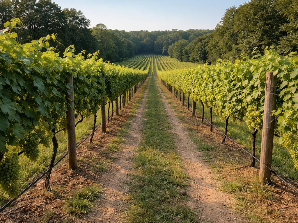 North Carolina vineyard rows with grapevines and a clear sky, showing a real grape growing landscape.