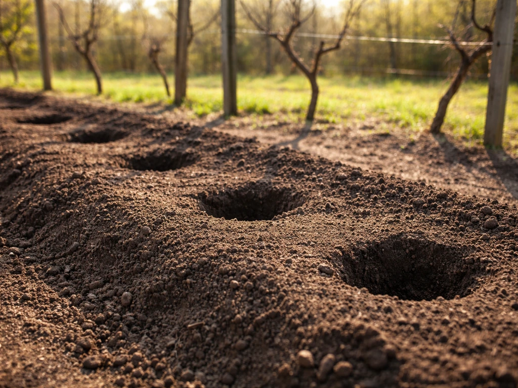 Close view of grape-vine essentials: sunlit trellis edge, well-drained soil, and spaced planting holes.
