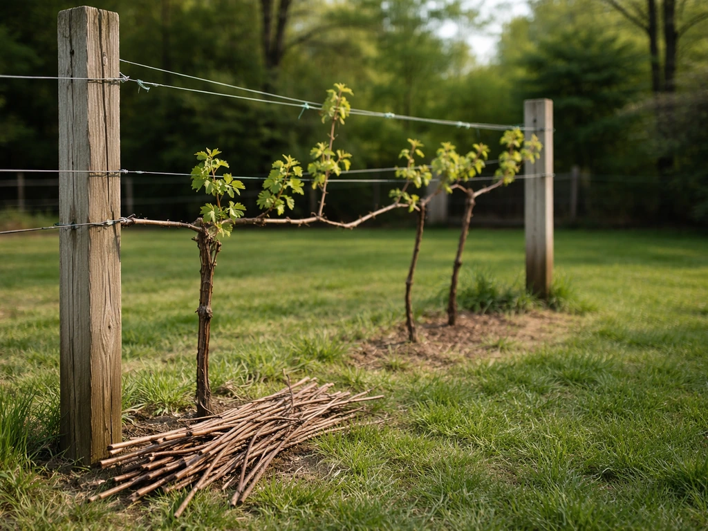Close view of a backyard grape trellis with two wires and pruned canes beside trained vine shoots.