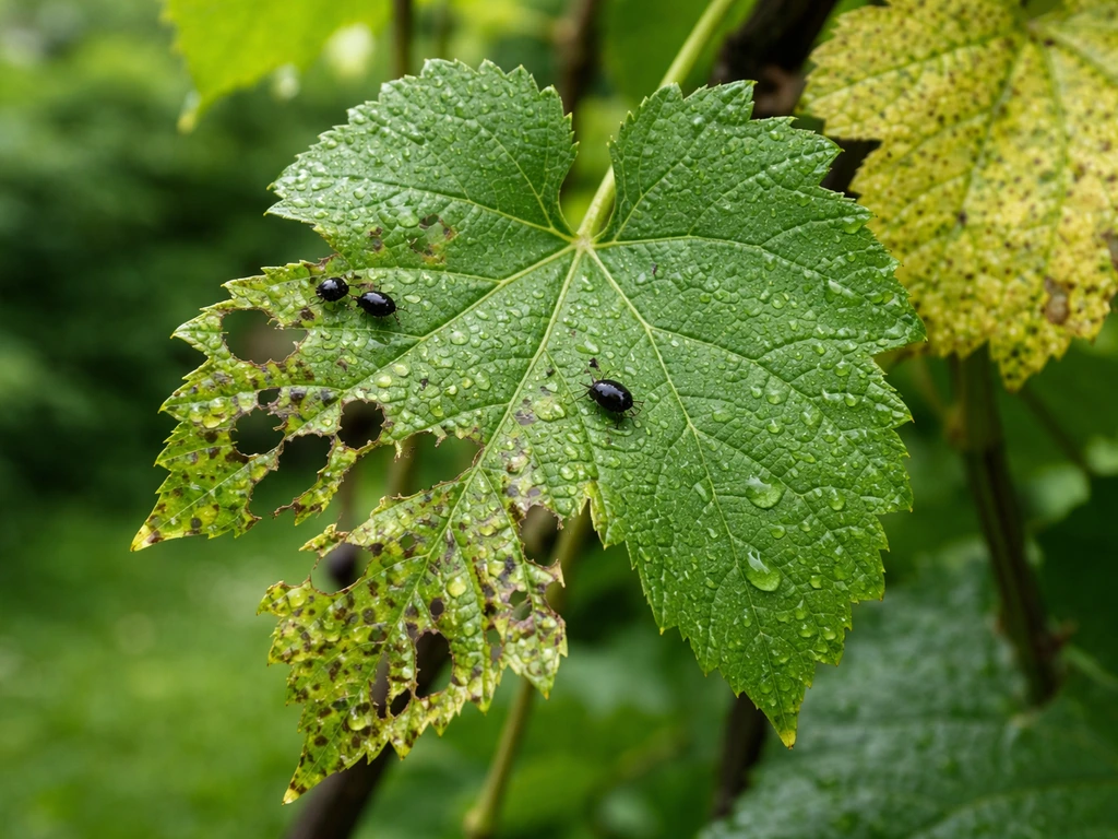 Close-up of grape leaf with insect feeding damage and nearby healthy leaves in natural light.