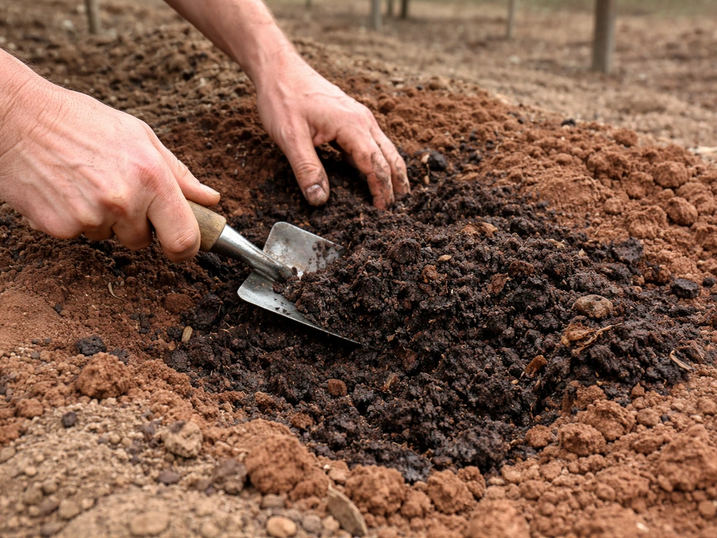 Hands mixing dark compost into Georgia-style red clay soil in a simple garden bed