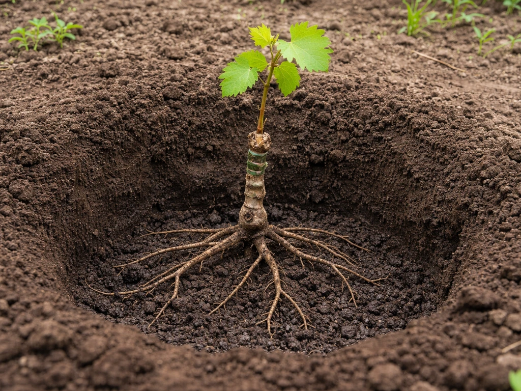 Muscadine vine planted at correct depth with graft union just above the soil in a simple garden bed.