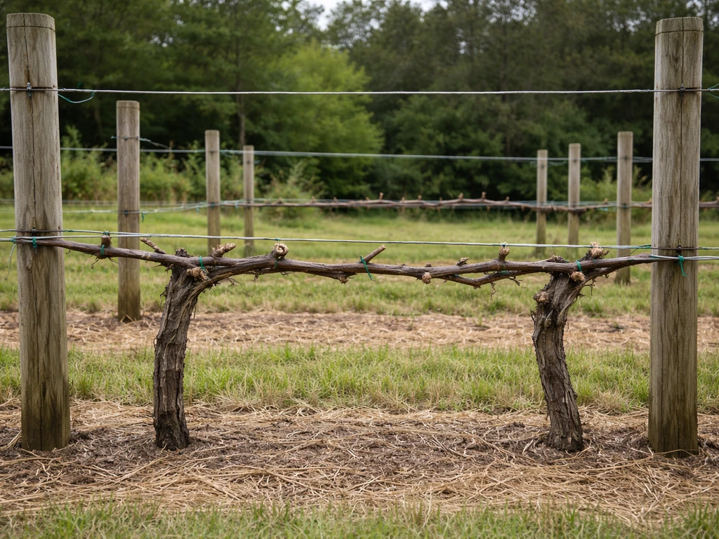 Two-wire vineyard trellis with trained, pruned vine canes tied to the wires.