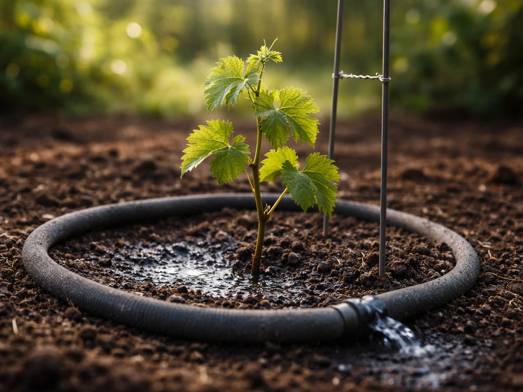 Newly planted grapevine watered at its base with a soaker hose in a simple garden setting.