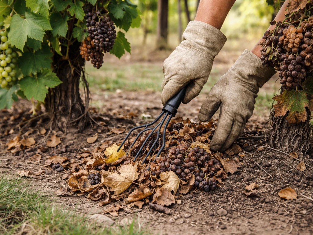Hands clearing fallen leaves and mummified fruit from beneath grapevines with healthier leaves nearby.