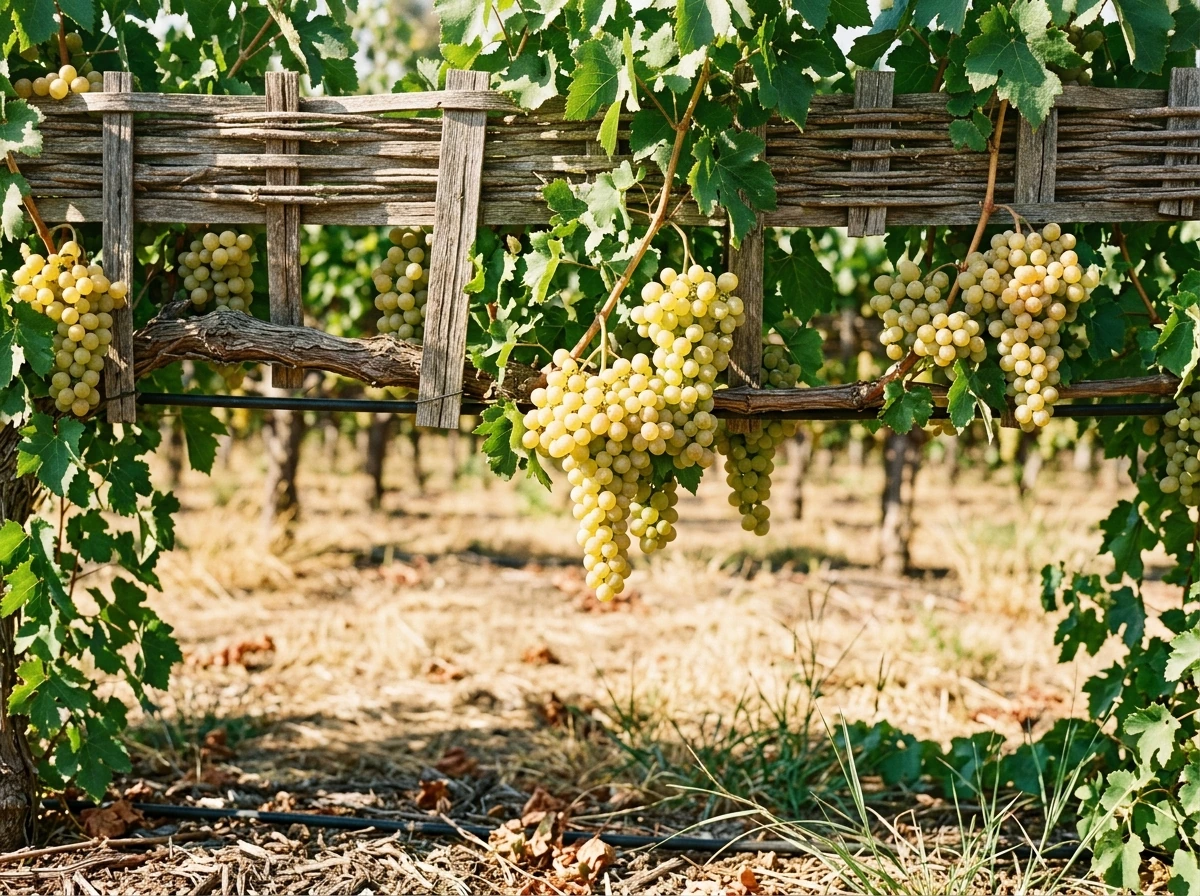 Light-colored grape bunches on a trellis, representing cultivated cotton candy grapes.