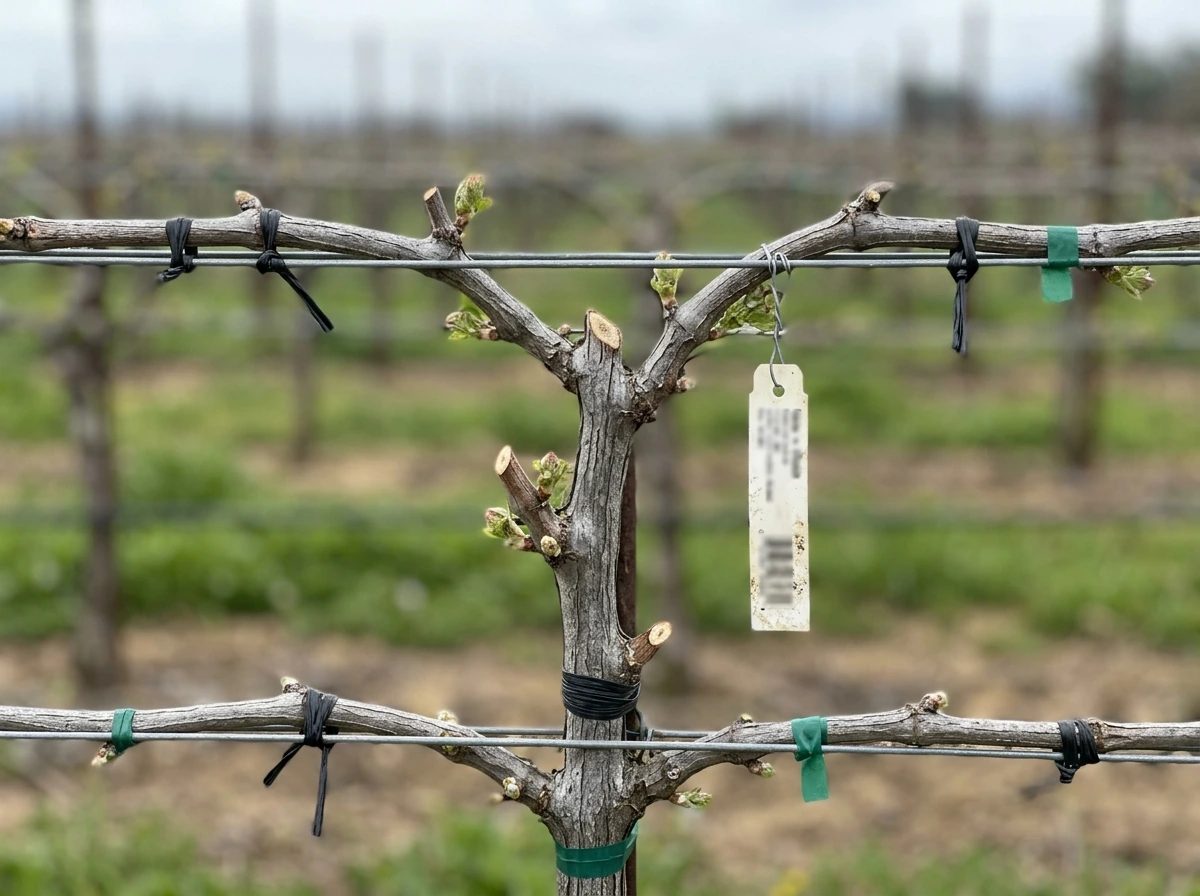 Pruned grapevine on a trained trellis, showing cultivated growing practices.