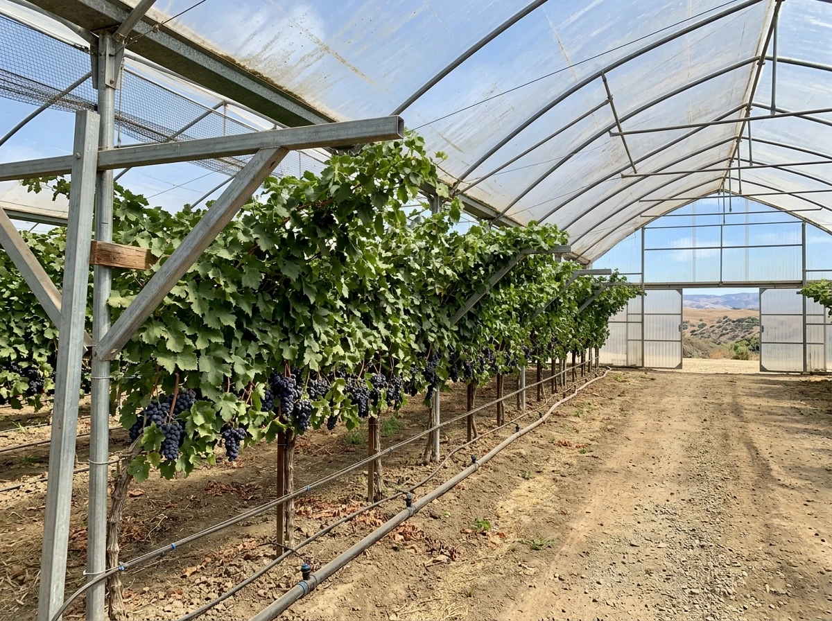 Cultivated grapevines under protective structure with California-like arid backdrop.