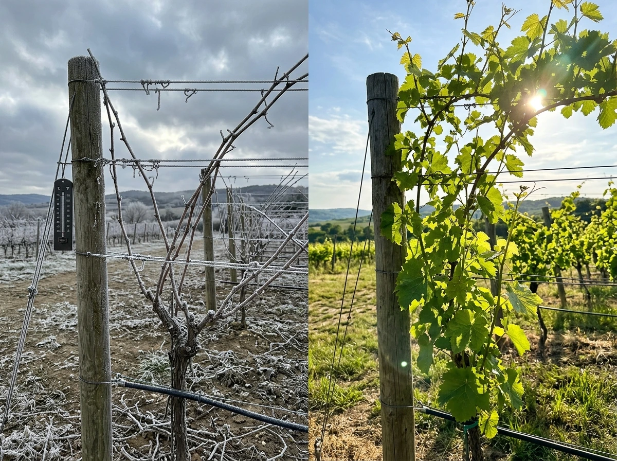 Bare winter grapevine versus fresh spring growth showing chilling and warm ripening needs.