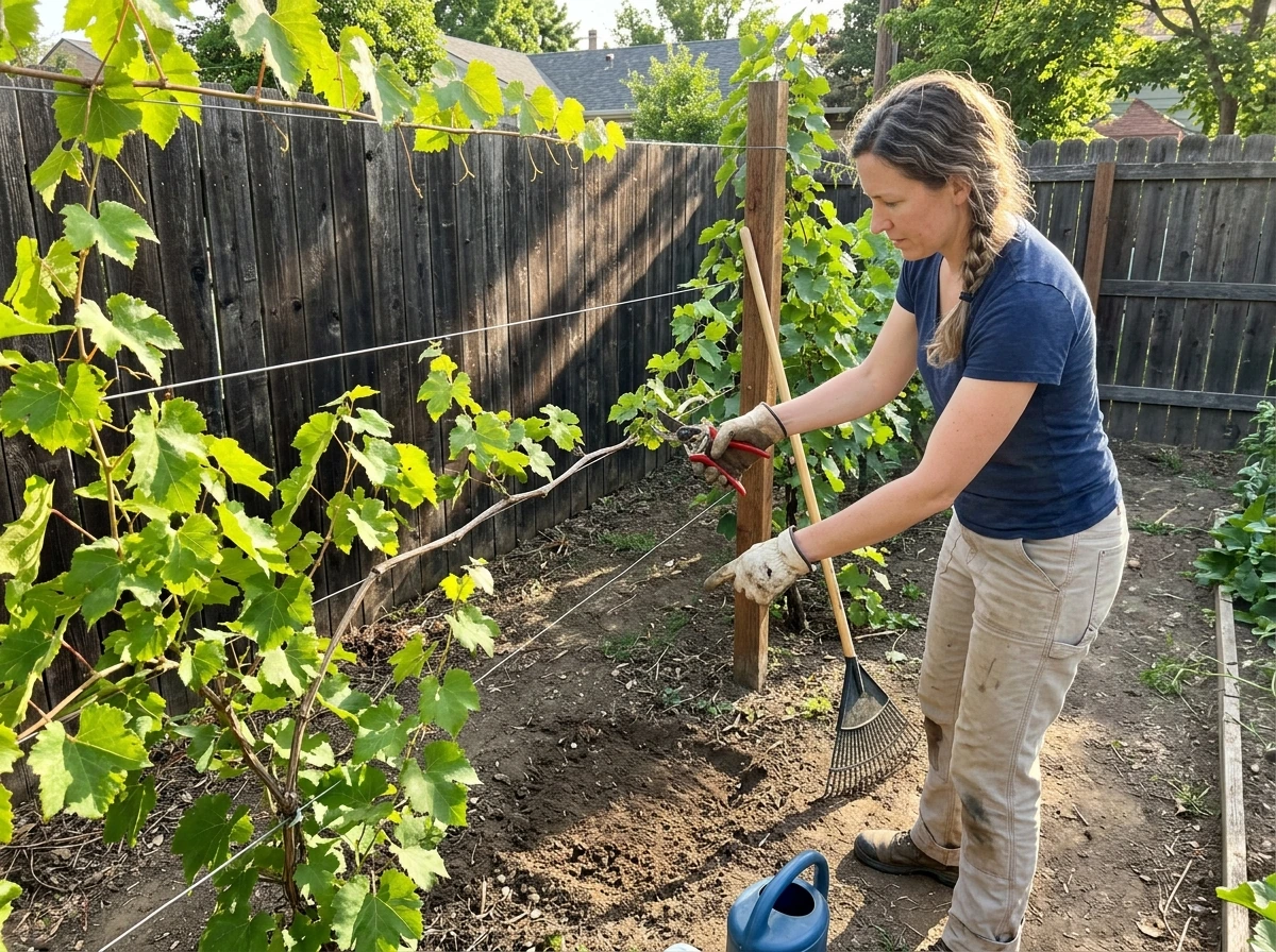 Gardener prepping a grape planting location with trellis and sunlit cleared ground.