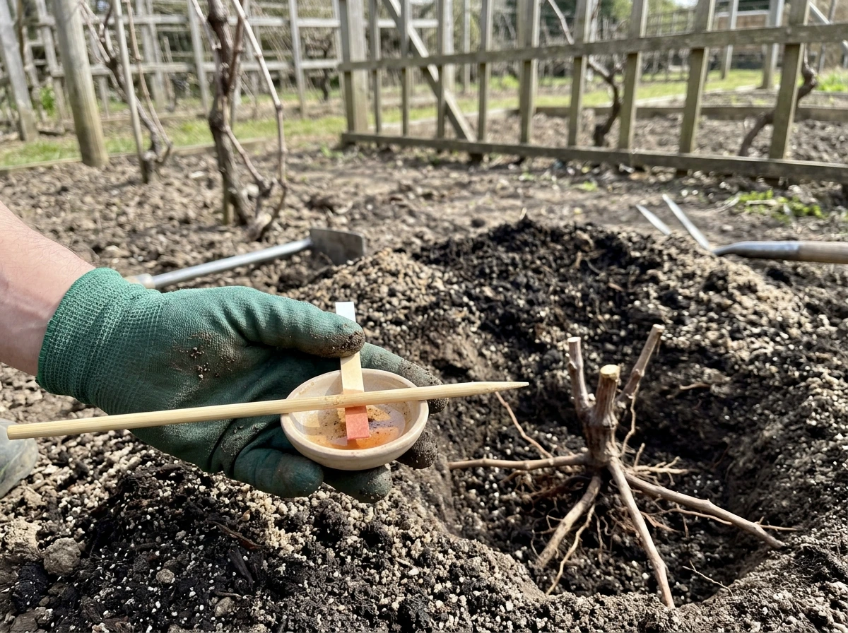Soil pH testing and well-draining amended planting hole for green grapes.