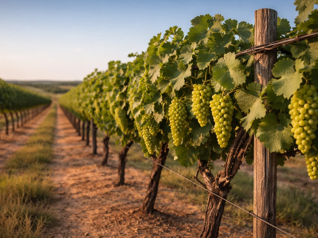 Grapevines on a trellis in a Texas vineyard under a clear blue sky with warm sunlight.