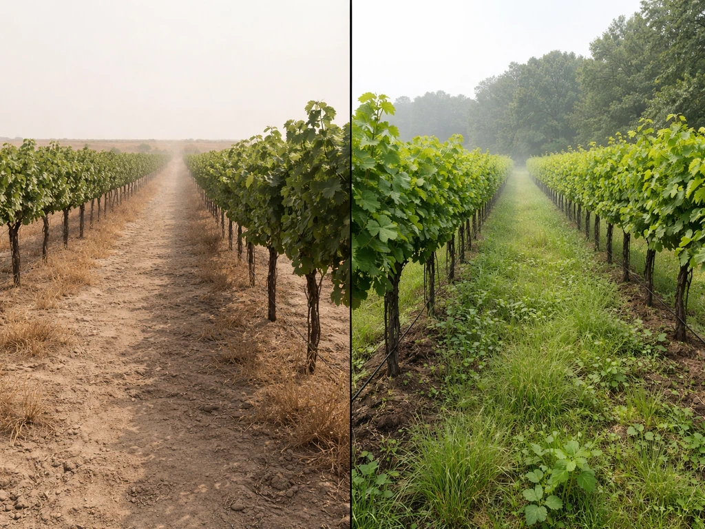 Two grapevine rows in contrasting Texas-like settings: dry High Plains and lush humid East Texas