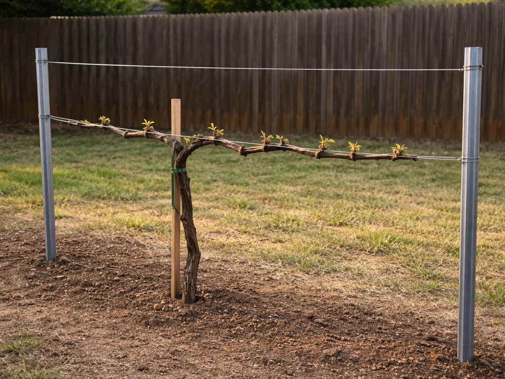 Taut wire grape trellis with visible pruning spurs and a vine being trained along the lines.