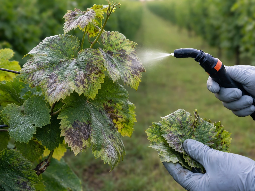 Close-up grape leaves with mildew spotting as a gloved hand applies preventive treatment in a vineyard.