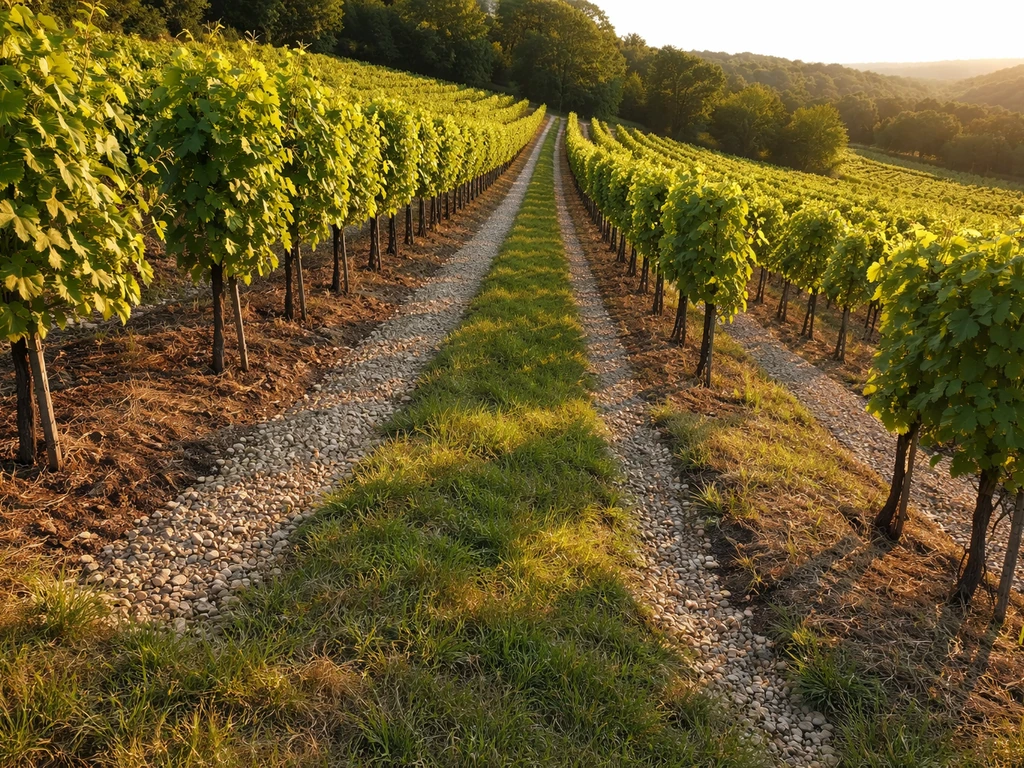 Grape vines on a sunlit south-facing slope with visible gravel drainage along the hillside.