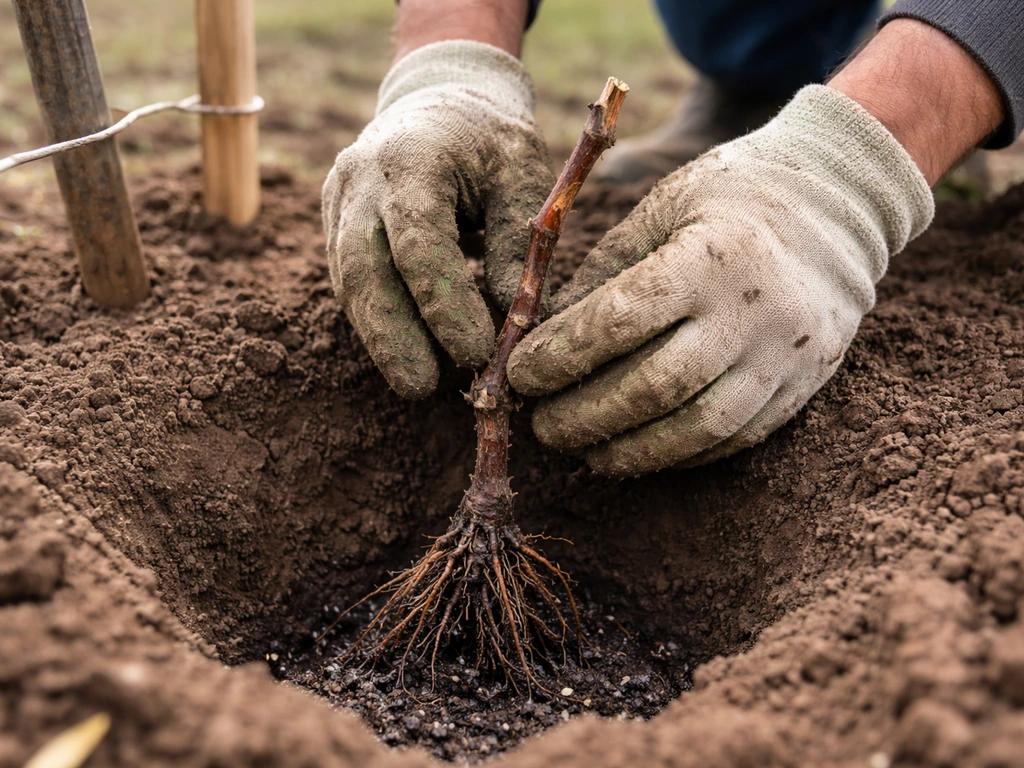 Bare-root grape vine being set into a spring planting hole with trellis support visible.