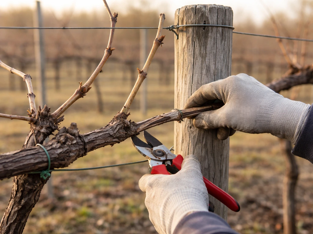 Hands pruning a dormant grapevine in early spring, selecting canes with clean cuts and removed old wood.