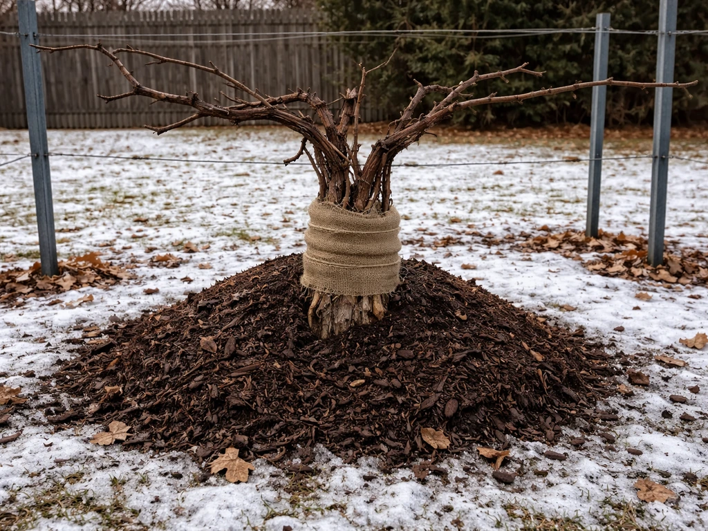 Dormant grapevine covered with mulch and burlap beside an exposed trellis in snowy winter conditions