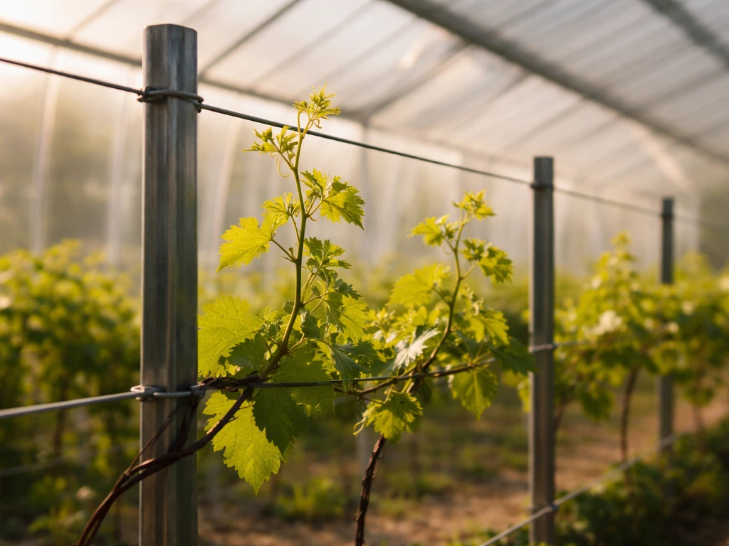 Close-up of greenhouse grapevines on trellis wires with sunlight streaming through panels.