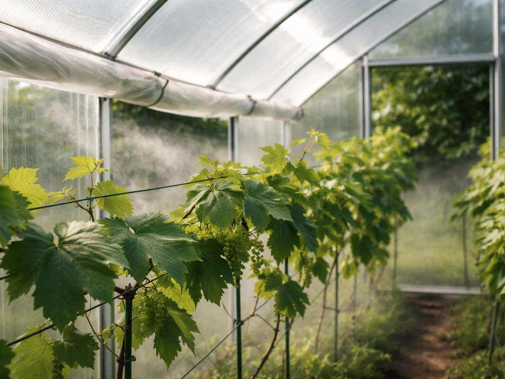 Home greenhouse with side roll-up vents open, air flowing to clear humidity around grape canopy leaves.