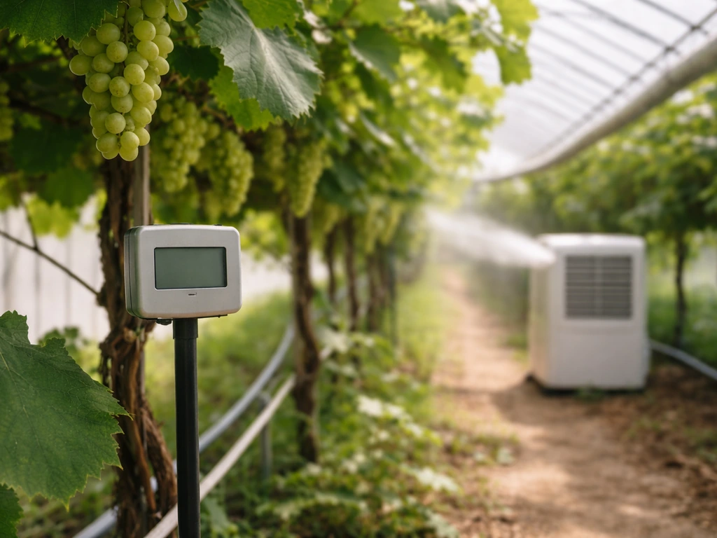 Greenhouse grape row with a canopy-mounted RH monitor and airflow/dehumidifier setup.