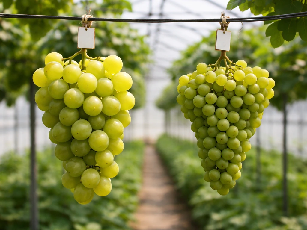 Two distinct grape clusters side by side in a greenhouse, table grapes larger berries beside smaller wine grapes.