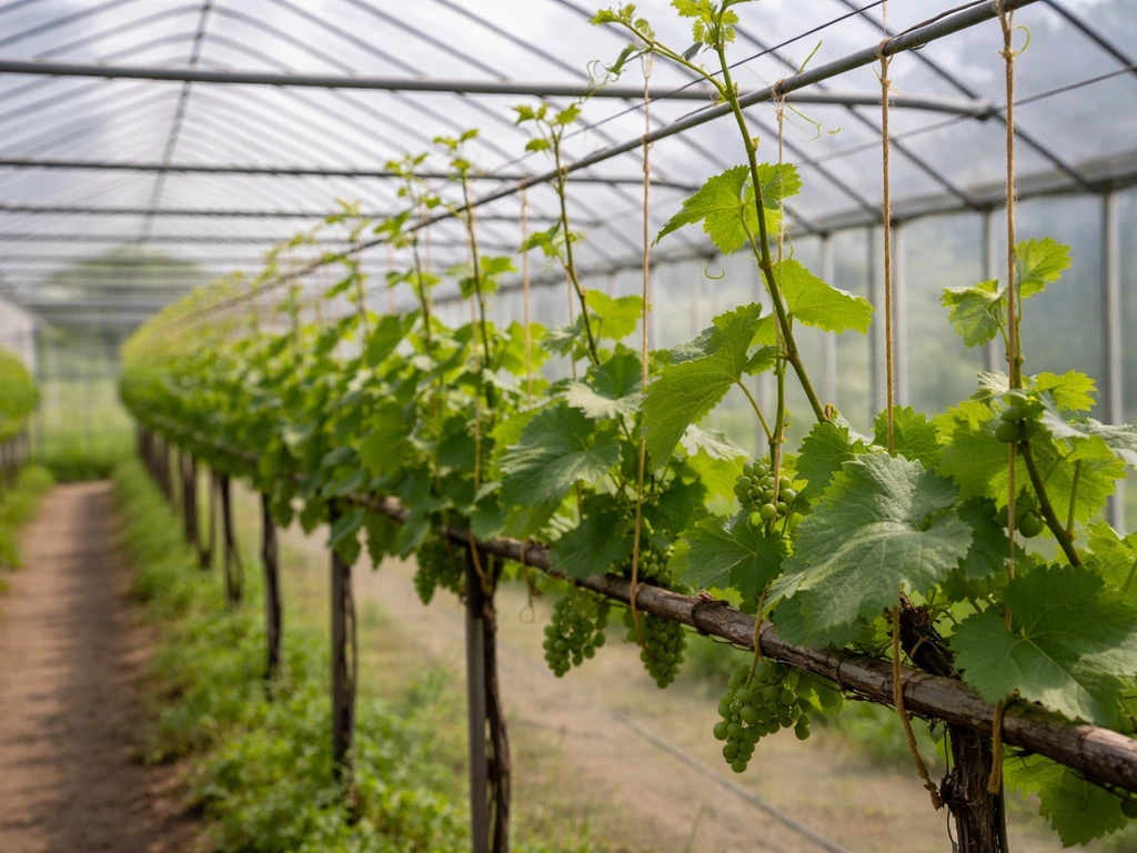 Greenhouse grapevine trained on parallel wires, shoots tied upward to a simple trellis system.
