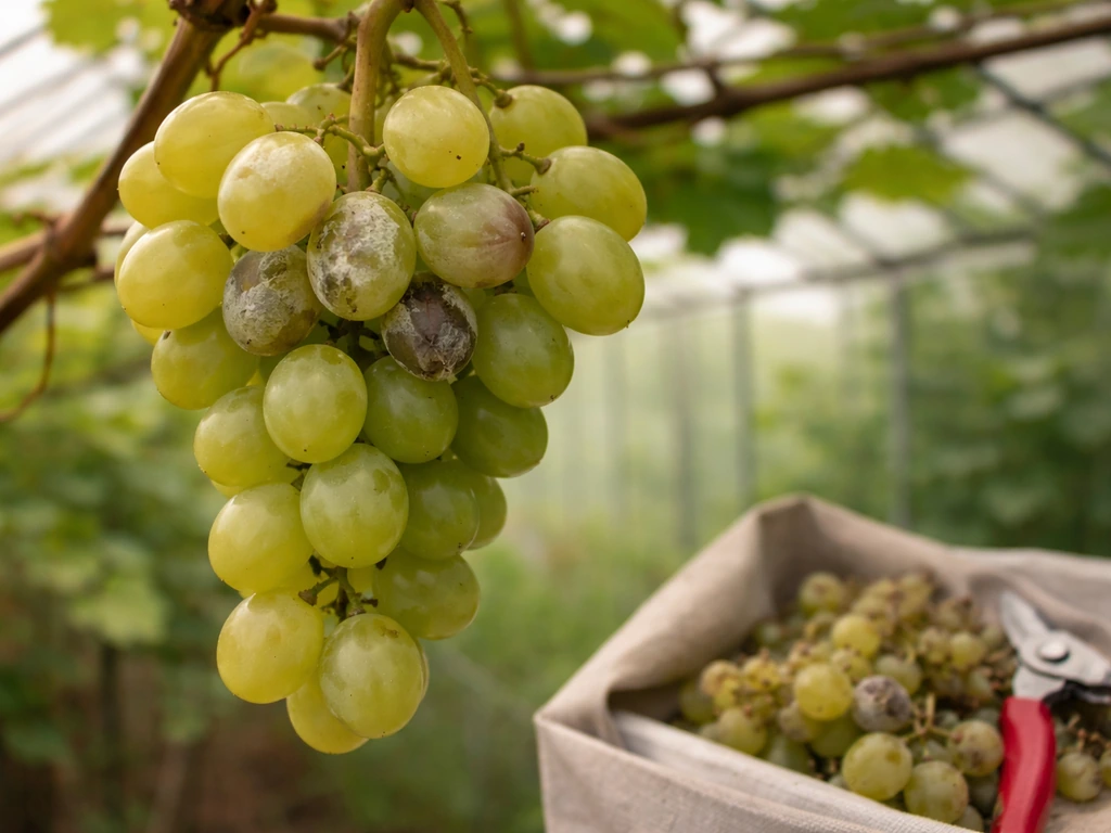 Greenhouse grape bunch with subtle early gray mold risk, plus pruning shears and removed clusters nearby.