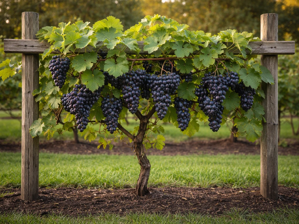 Cold-hardy grapevines on a trellis in New Jersey with green leaves and visible grape clusters.