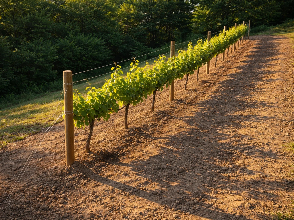 Sunny New Jersey vineyard row on sloped, well-drained soil showing full-sun site selection.