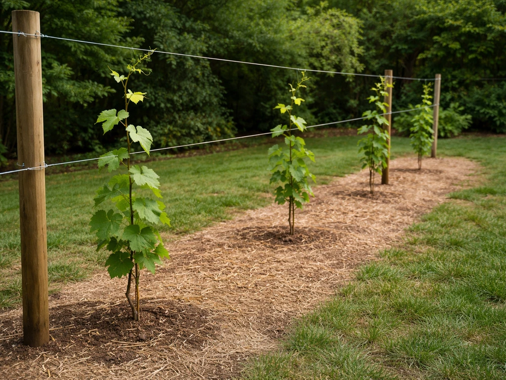 Close view of a simple outdoor trellis with multiple grape vines spaced along a single row.