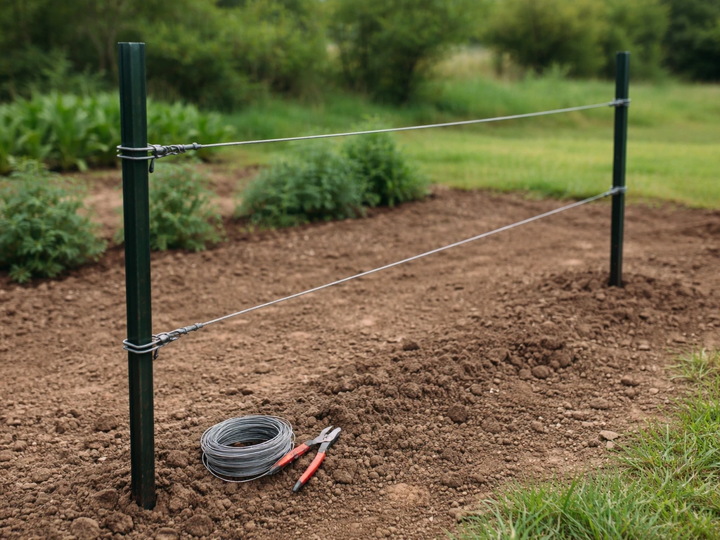 Two taut wires stretched between trellis posts, with tools and wire coil beside the soil.