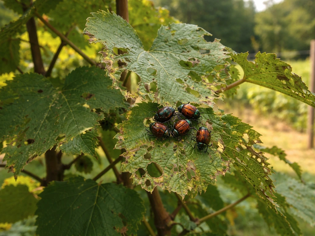 Close-up of Japanese beetles on damaged grape leaves in a backyard vineyard.