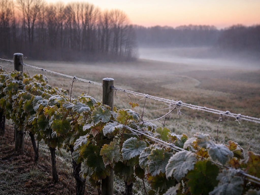 Frosty Indiana vineyard row at dawn with subtle ground shadows suggesting USDA hardiness zones.