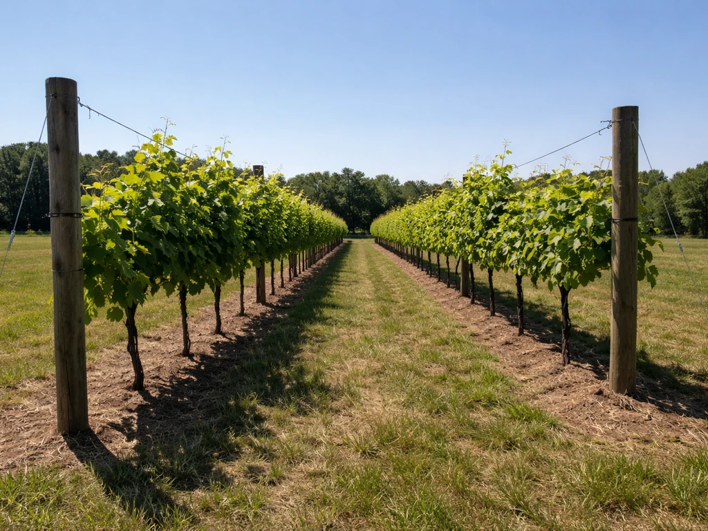 Sunlit vineyard rows with open sky and unobstructed light showing full-sun placement