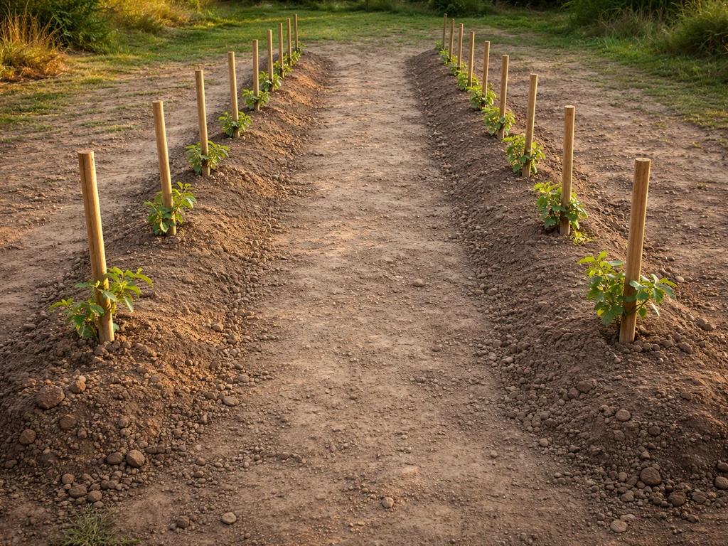 Top-down view of two simple vineyard rows with wooden stakes showing 6-foot vine spacing and 8–10-foot row gaps.