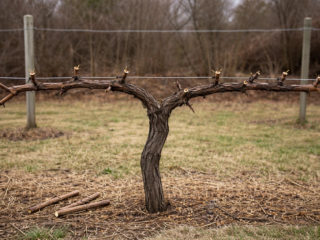 Trellised grapevine during dormant-season pruning, showing umbrella kniffin or high-cordon training structure